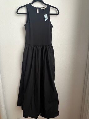 NWT LOFT Black Petite Mixed Media bubble hem midi dress - SZ 2P Solid Staple